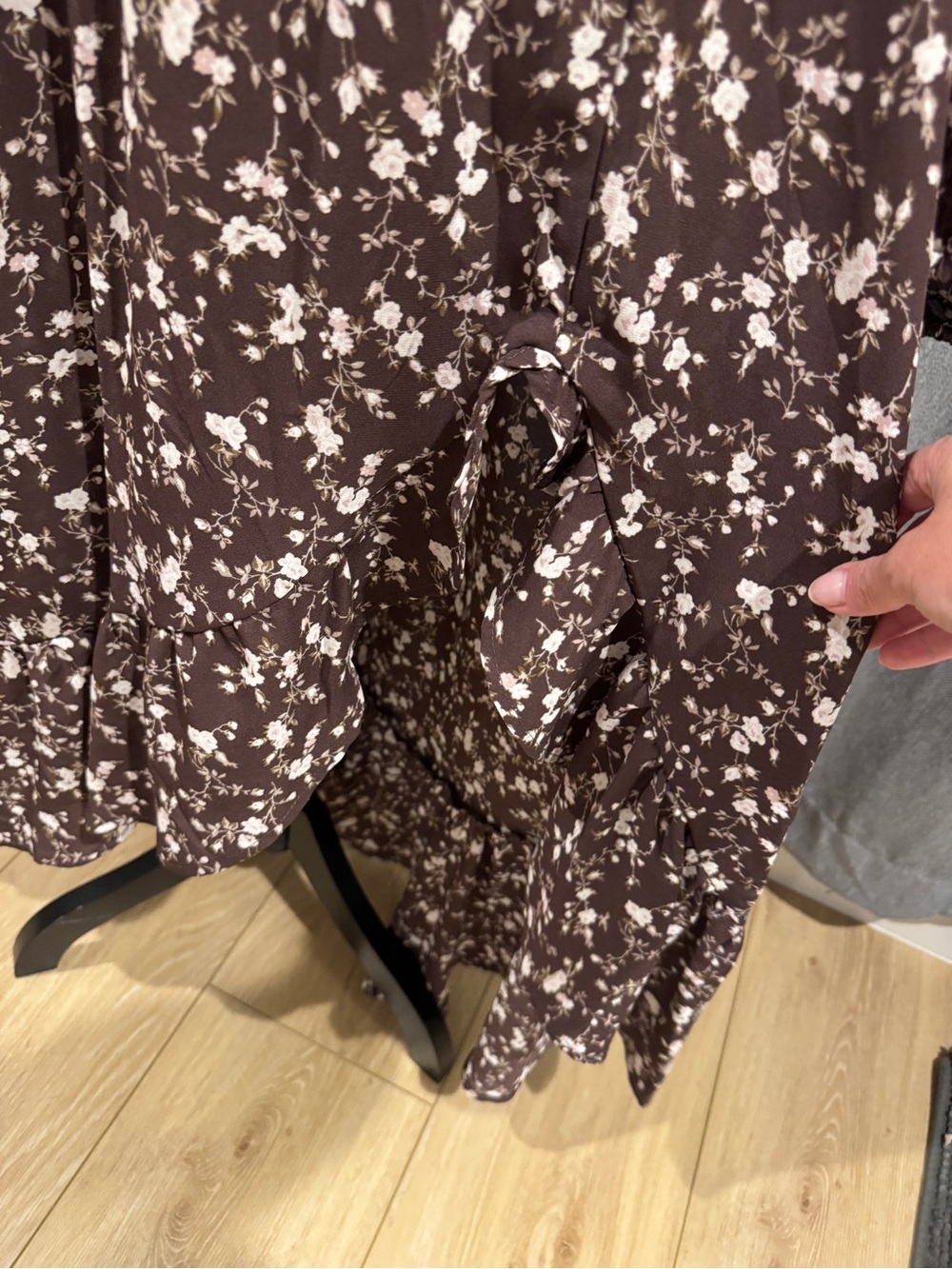 High-Low Smocked Square-Neck Long Sleeve Floral Dress - Brown -Size Small - Picture 2 of 6